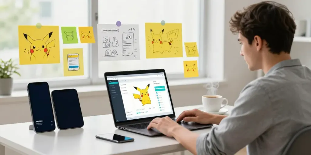 Pikachu software development scene showcasing a developer working on app features in a modern workspace.