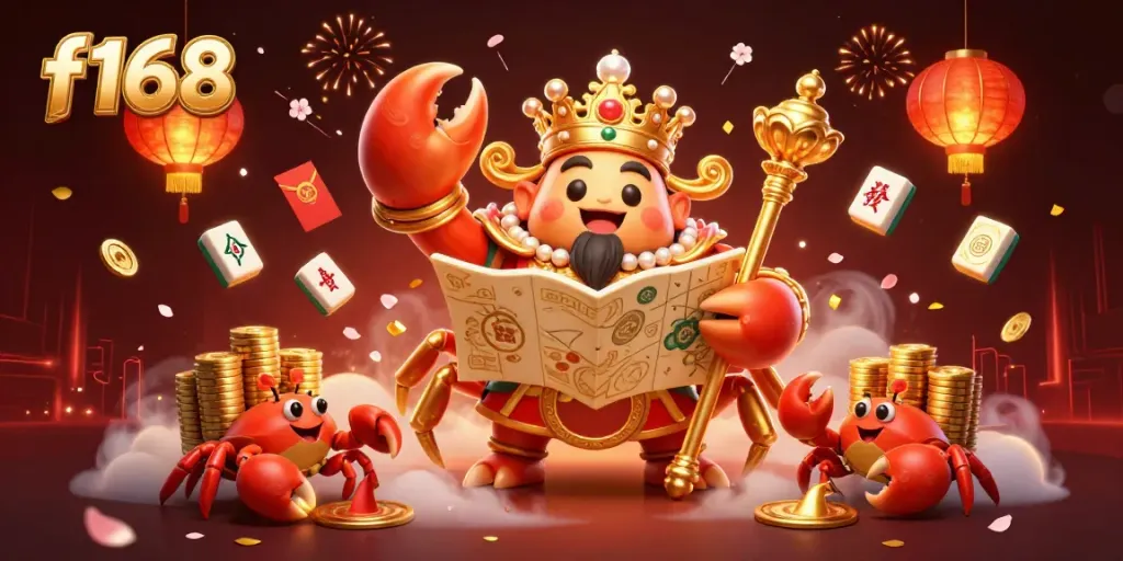 Experience the thrilling f168 games with a golden crab emperor amid vibrant gaming elements and captivating visuals.