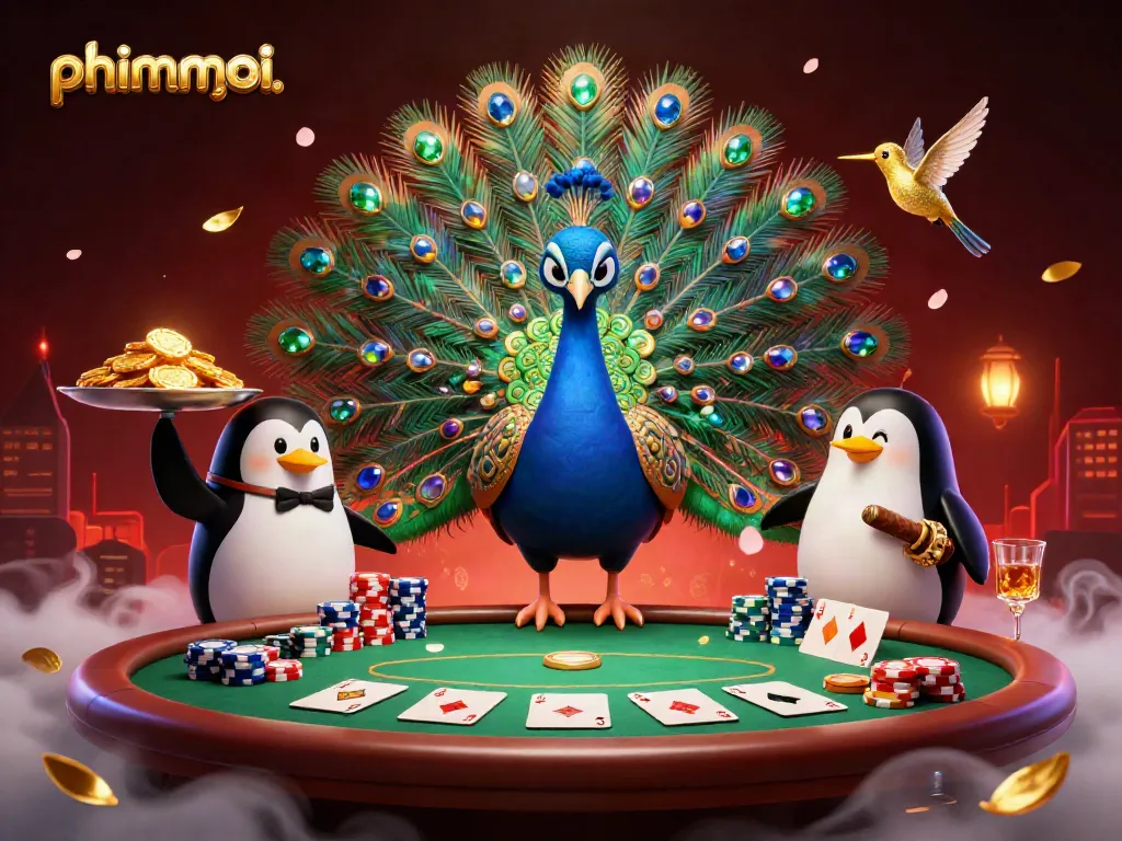 Experience the excitement of phimmoi casino with a colorful poker scene featuring a dazzling peacock and butler penguin.
