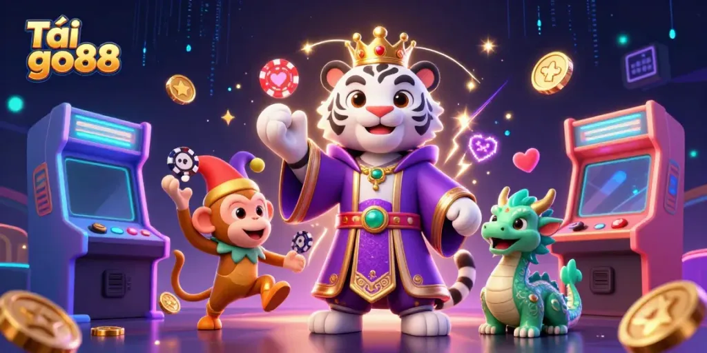 Engaging illustration showcasing a playful scene with Tải go88 characters and casino elements, combining fun and gaming excitement.