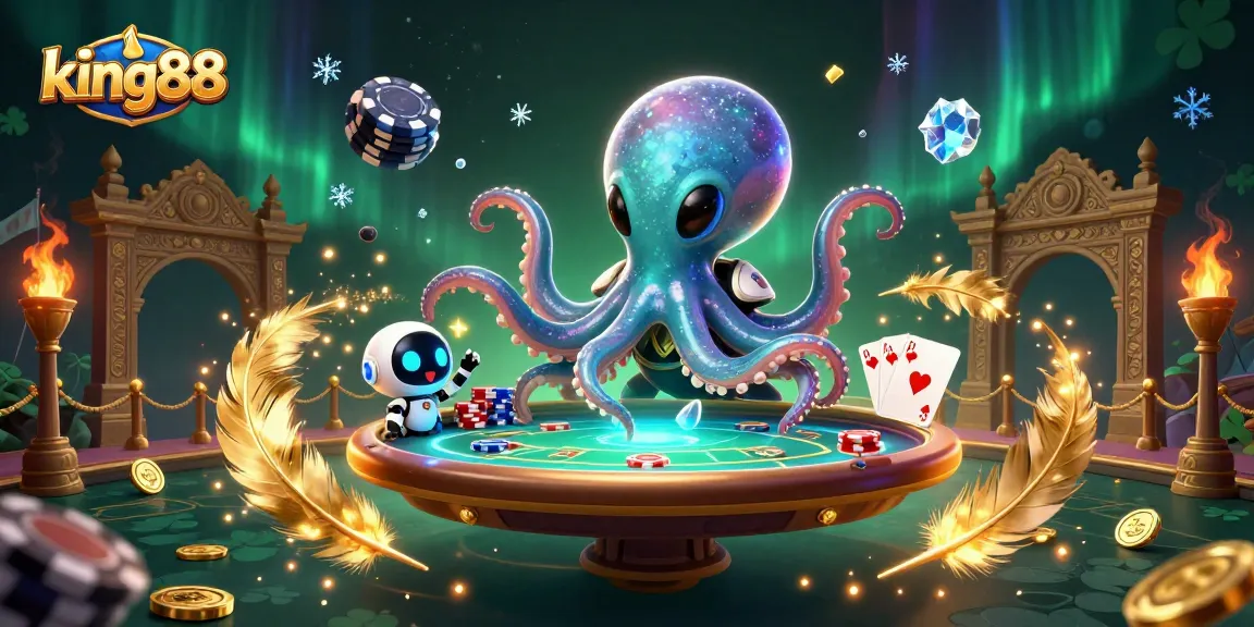 king88 poker scene with a cartoon alien octopus and robot surrounded by vibrant casino elements