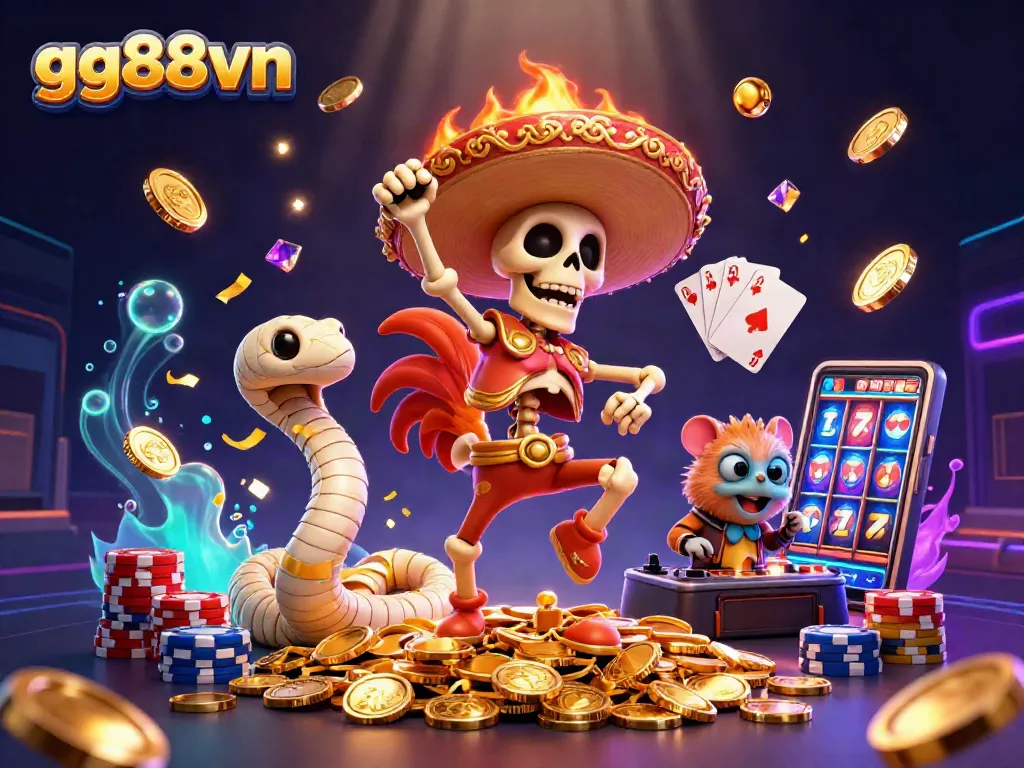 Spin and win big with gg88vn's vibrant casino scene featuring exciting characters and dynamic game elements.