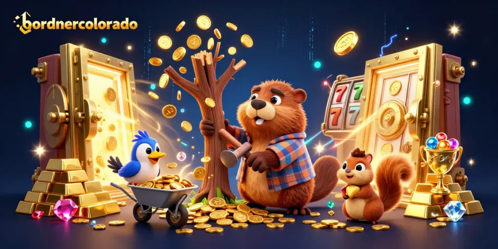 Bordnercolorado showcases a vibrant 3D scene with cartoon characters winning golden coin rewards.