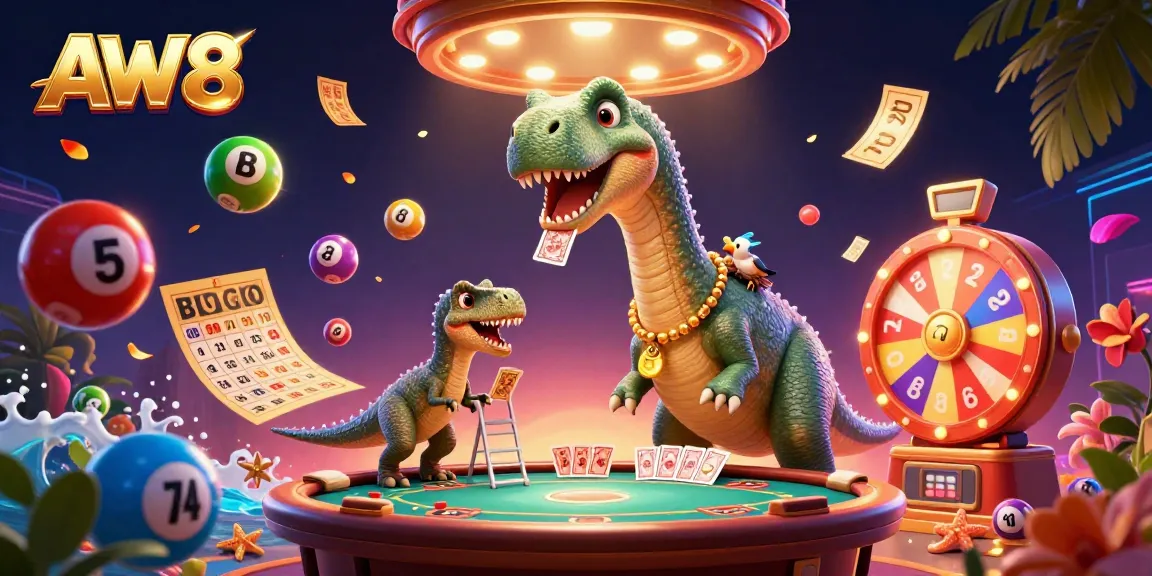 AW8 casino scene with a whimsical dinosaur dealer and colorful gaming elements.