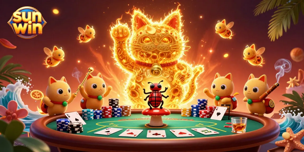 Experience thrilling gameplay with sun win's vibrant lucky cat and poker elements in a dazzling casino scene.