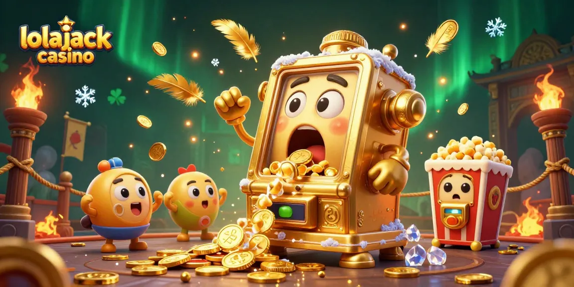 Exciting jackpot moment at lolajack casino with a golden slot machine celebrating wins and coins flying around.