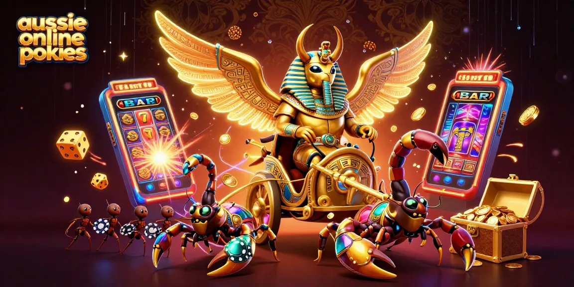 Experience thrilling aussie online pokies action with a golden scarab and jackpot explosion in this vibrant scene.